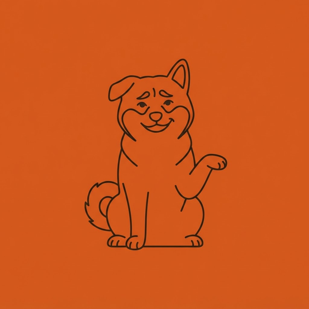 Useless Dog returning with an empty, sheepish expression and no ball, white outline illustration