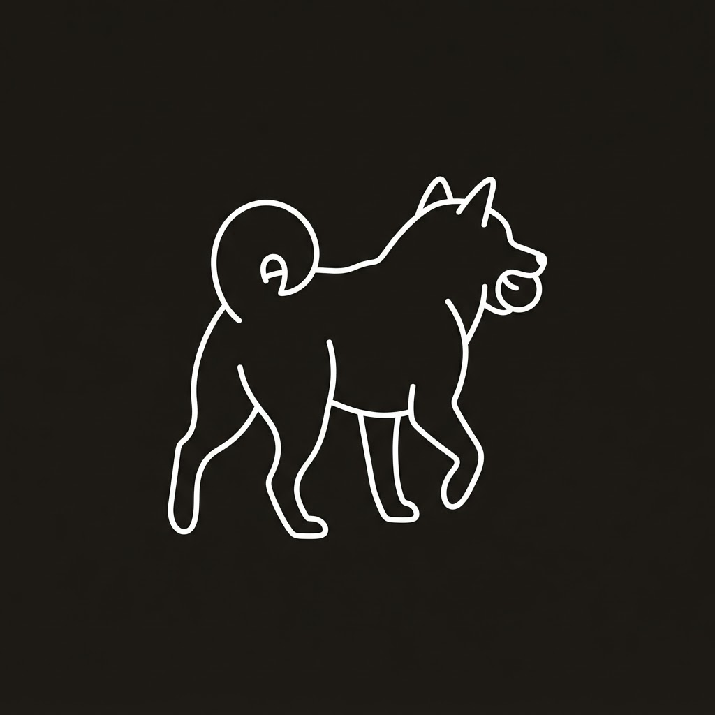 Useless Dog walking away with a ball in his mouth, white outline illustration